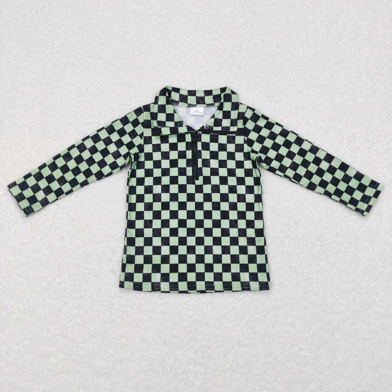 BT0399   Green Plaid Boys Long Sleeve Top Collar Polo Pullover T-Shirts Refined Men's Classic 