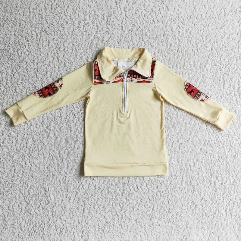 BT0079 Yellow Horses Red Print Western Boys Long Sleeve Top Collar Polo Pullover T-Shirts