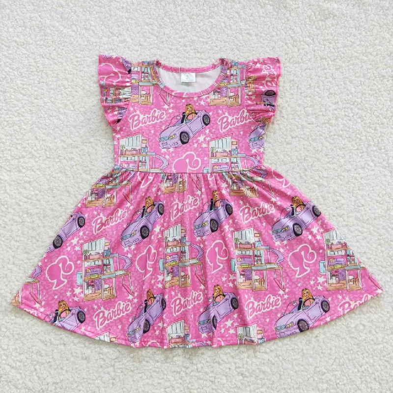 GSD0465   Pink B Cartoon   Girls Short Sleeve Dresses Sleek Men's Metallic