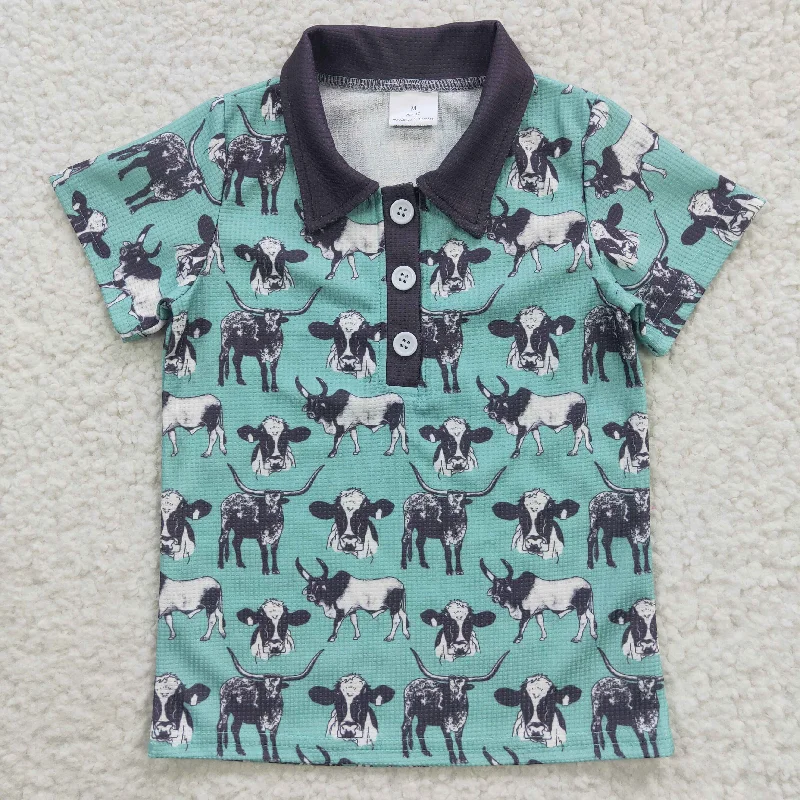 BT0211 Green Highland Cow Cowboy Cactus Rodeo Western Boys Short Sleeve Top Collar T-Shirts Tailored