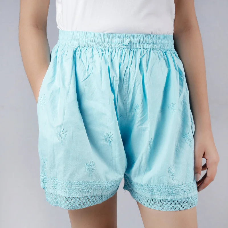 Blue - Chikankari Embroidery Cotton Short Relaxed Men's Beach