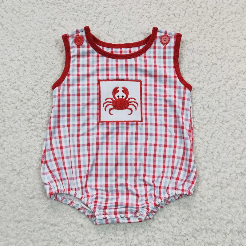 SR0157  Red Plaid Crab Craywish Embroidery Boys Short Sleeve Romper Vintage Men's 1970S Disco