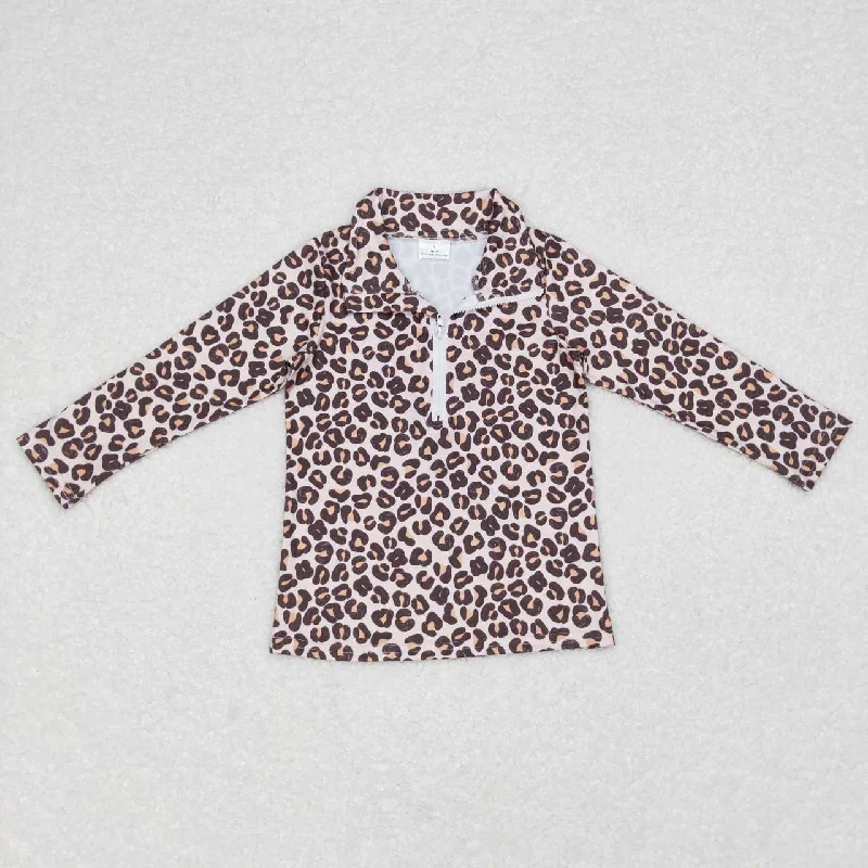 GT0361 Leopard Girls Long Sleeve Top Collar Polo Pullover T-Shirts Gym