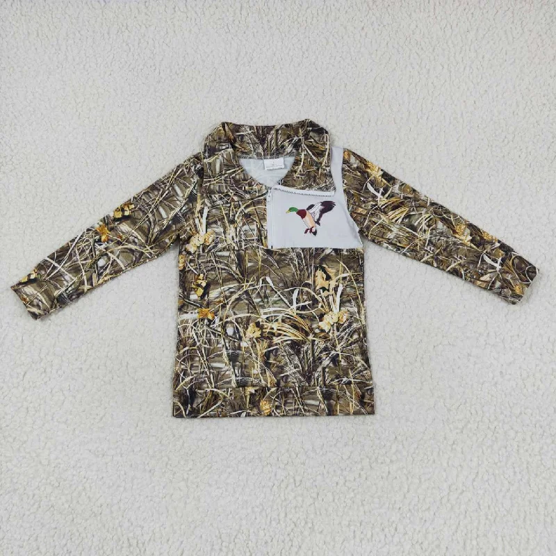 BT0332  Green Duck Bird Camo Boys Long Sleeve Top Collar Polo Pullover T-Shirts Rugged Men's Outdoor 