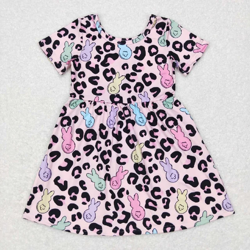 GSD0508 Pink Leopard Rabbit Cartoon Girls Flutter Sleeve Dresses Athletic Men's High