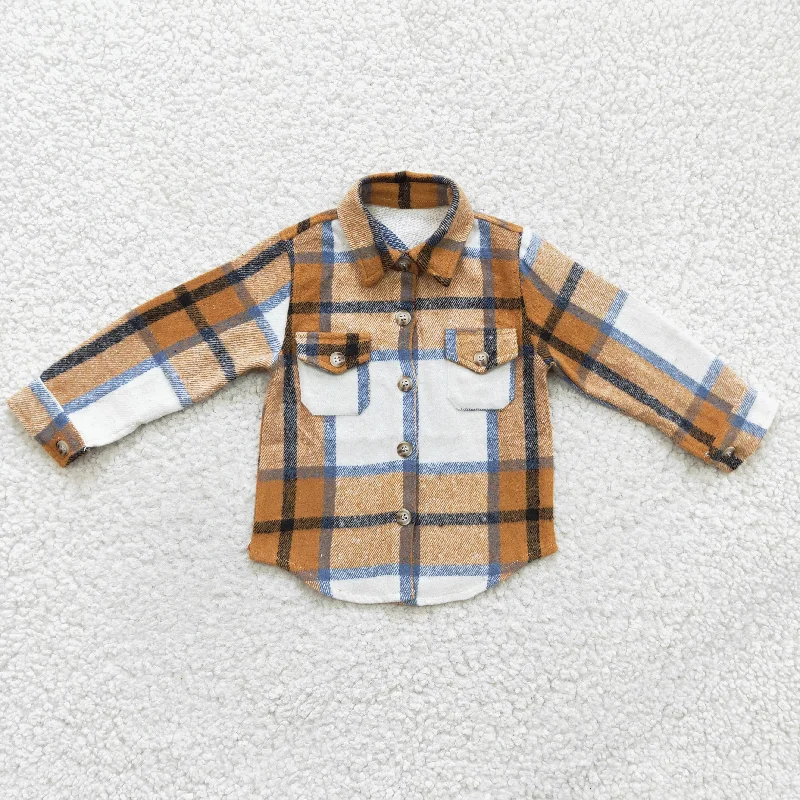 BT0189  Brown Plaid Boys Long Sleeve Top Winter Collar T-Shirts Practical Men's Multi