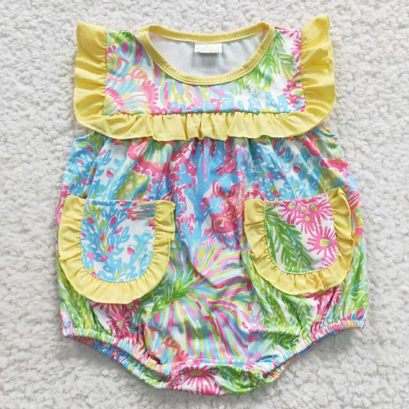 SR0391 Yellow Tie Dye Pockets Girls Short Sleeve Romper Tailored