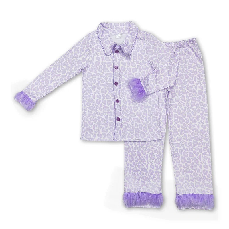 Lavender leopard fur ruffle adult women button down pajamas Refined Men's European