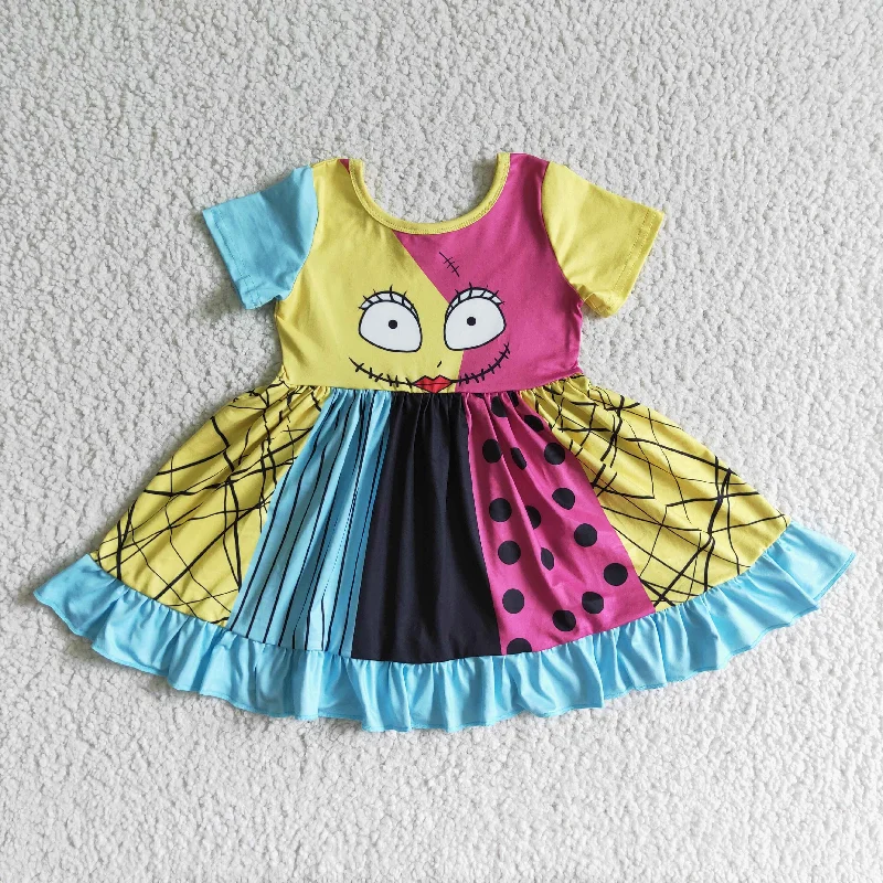 GSD0130 Halloween Cartoon Yellow Blue Girls Short Sleeve Dresses Trendy Men's Scandinavian