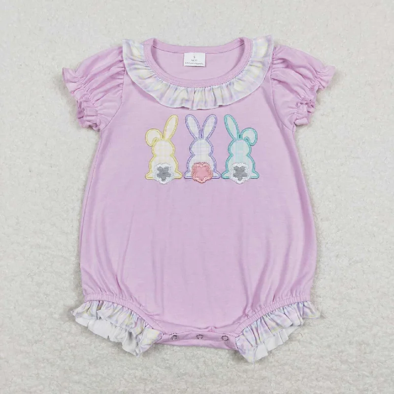 SR0499  Easter Rabbit Purple   Embroidery  Girls Short Sleeve Romper Cozy Men's Winter