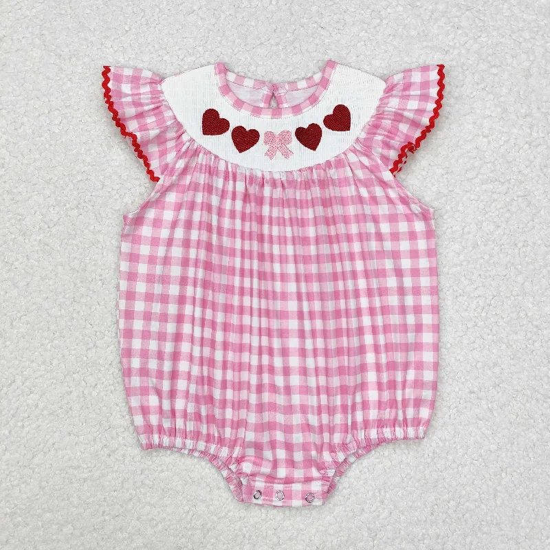 SR2214 Pink check love Embroidery Girls Short Sleeve Romper Valentine's Day outfits Tailored