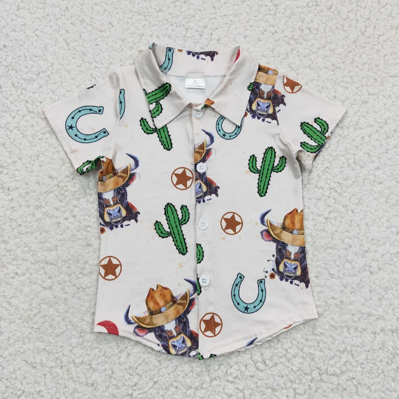 BT0213 Highland Cow Cowboy Cactus Western Boys Short Sleeve Top Collar T-Shirts Trendy Men's Bucket