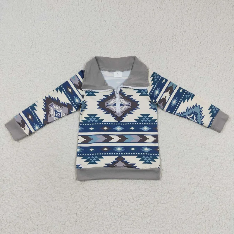 BT0229 Blue Western  Winter Boys Long Sleeve Top Collar T-Shirts Cclassic Men's Tweed