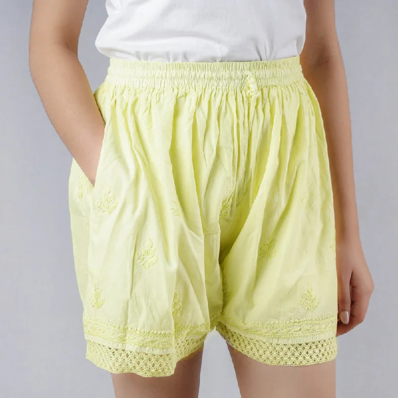 Yellow - Chikankari Embroidery Cotton Short Youthful Men's Anime