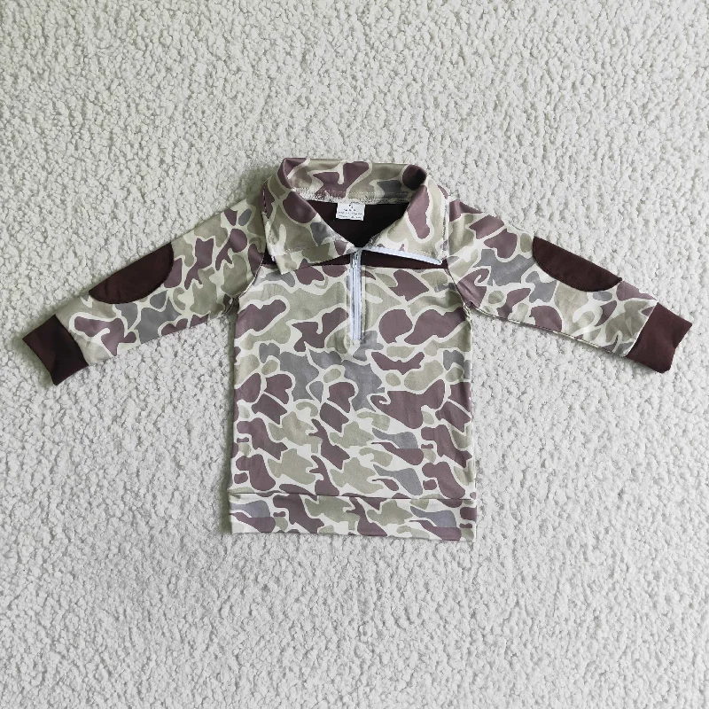 BT0029 Green Brown Camo Boys Long Sleeve Top Collar Polo Pullover T-Shirts Refined Men's Hand