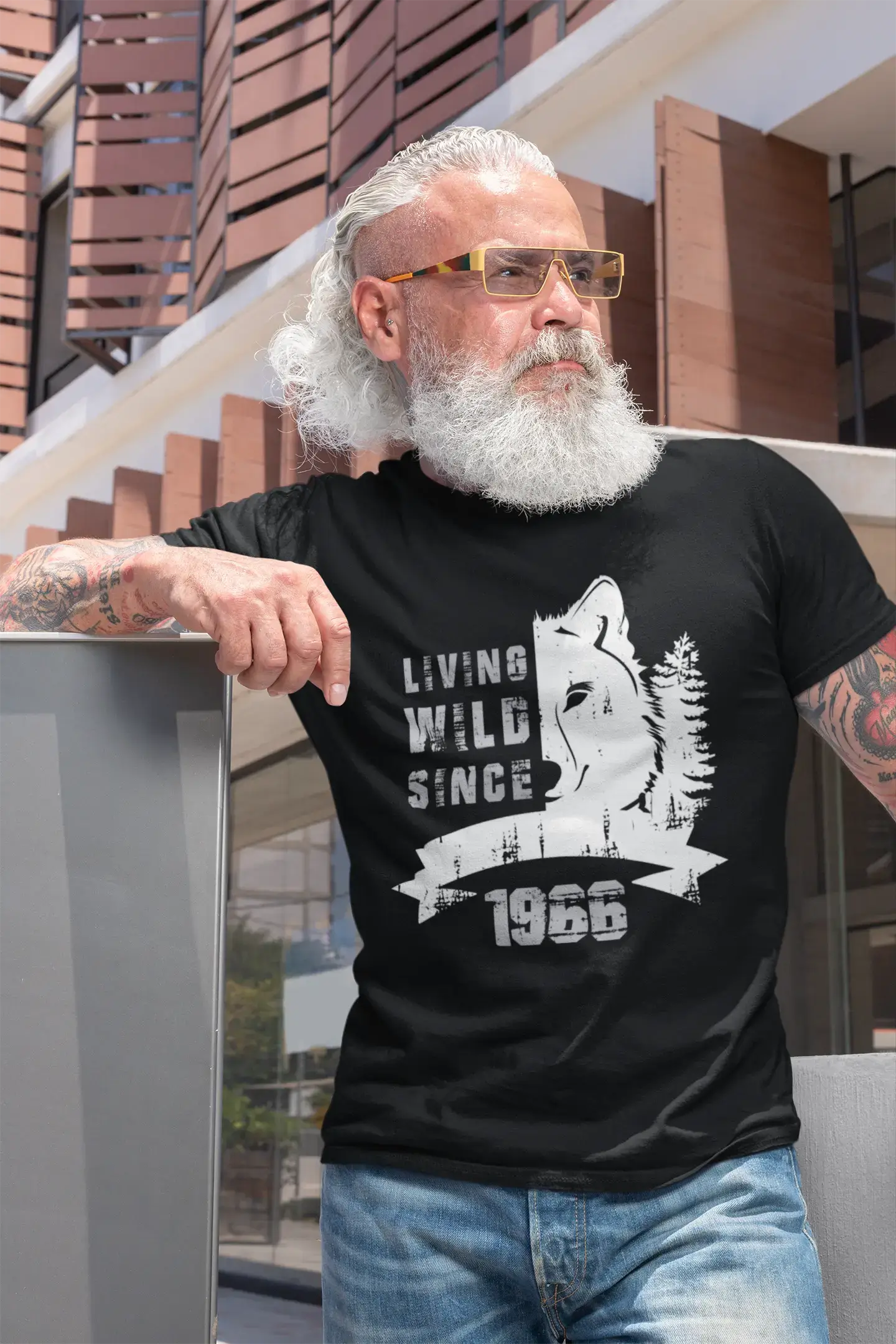 1966, Living Wild Since 1966 Men's T-shirt Black Birthday Gift 00498 Laid