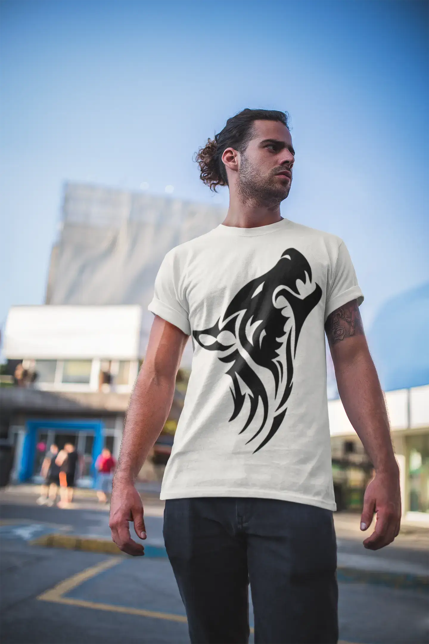 Wolf Tribal Tattoo, Men's White tee, 100% Cotton Round Neck 00162 Relaxed Men's Australian 