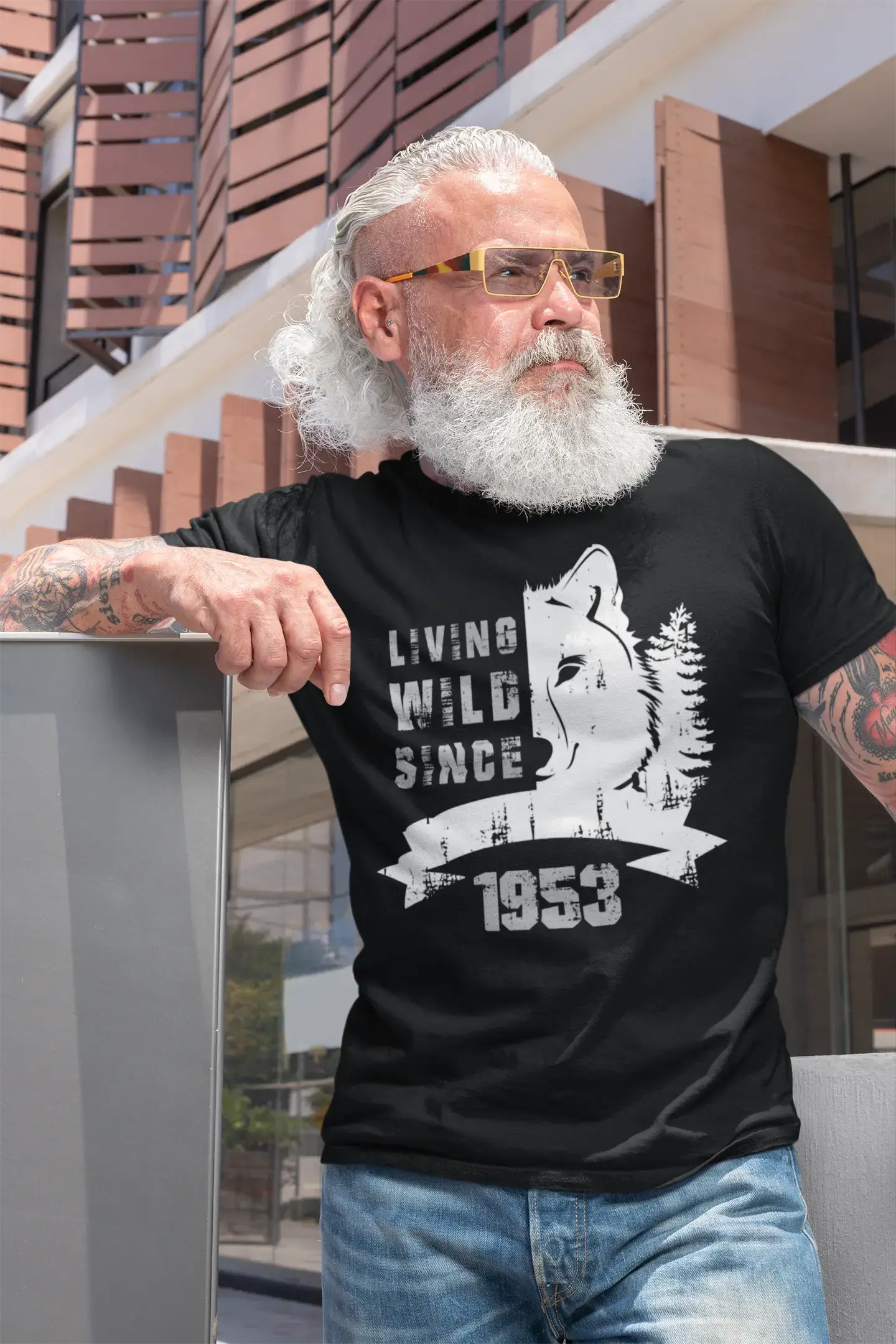 1953, Living Wild Since 1953 Men's T-shirt Black Birthday Gift 00498 Monochromatic All