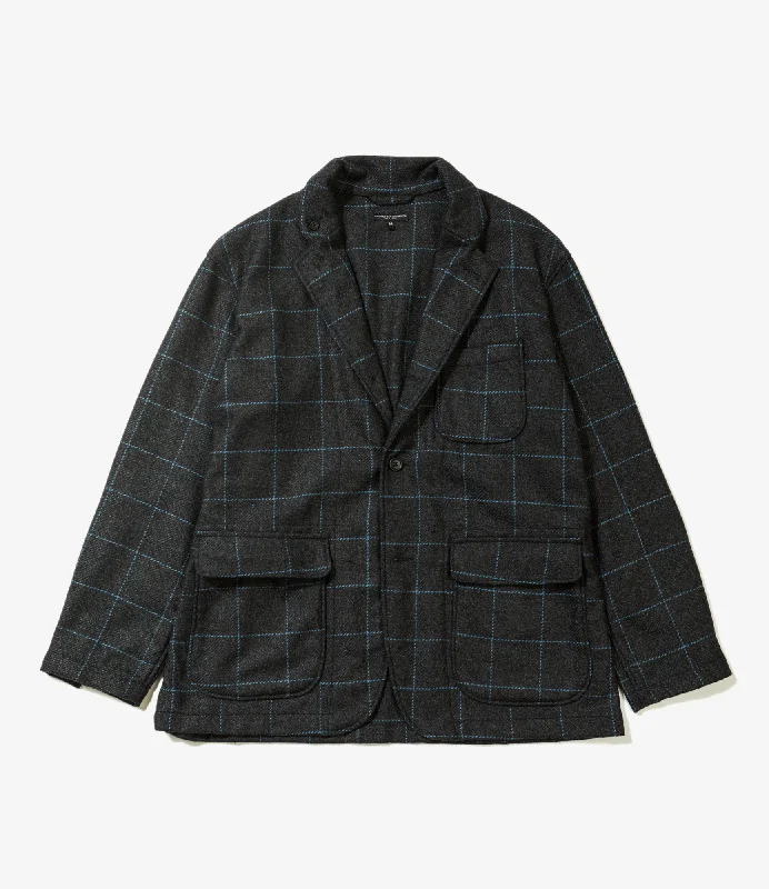 Engineered Garments Loiter Jacket - Charcoal/Lt.Blue Wool Poly Windowpane Monochromatic Office Style