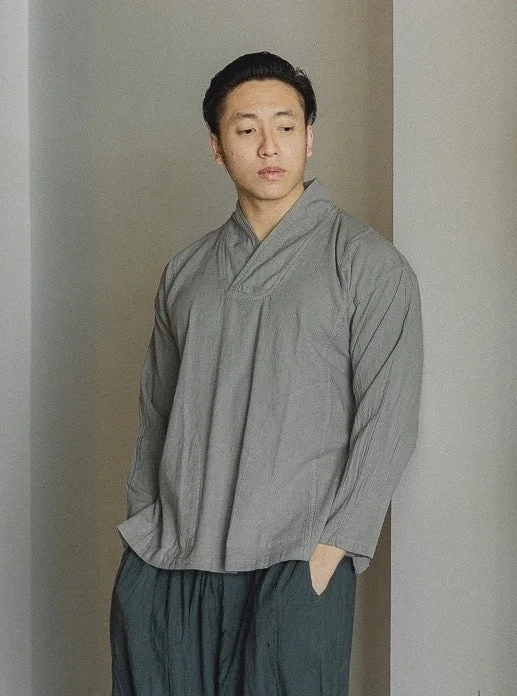 Hand-dyed Crossed Collar Top (Grey) Casual Men's Loose