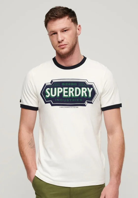 Superdry Ringer Workwear Graphic T-Shirt, Winter White & Eclipse Navy Hip Men's Retro