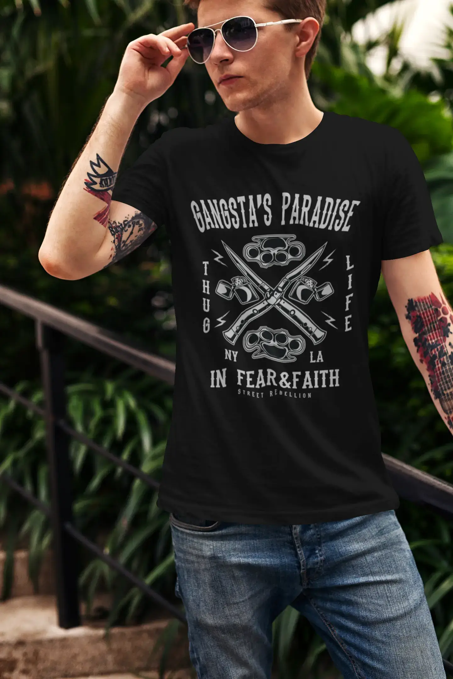 ULTRABASIC Men's T-Shirt Gangsta's Paradise in Fear and Faith - Thug Life NY LA Tee Shirt Refined Men's European