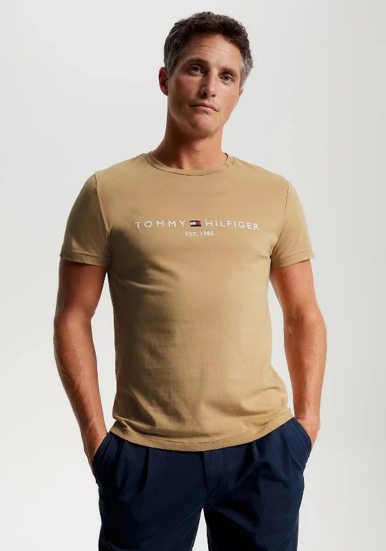 Tommy Hilfiger Logo T-Shirt, Classic Khaki Unique Men's Upcycled