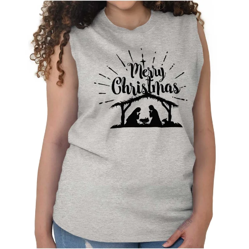 Nativity Scene Merry Christmas Sleeveless T-Shirt Traditional Men's Country